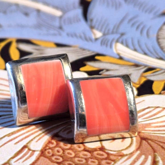 Rare Pink Coral 925 Sterling Silver Square Rare  Pink Coral and  Earrings - Picture 1 of 9